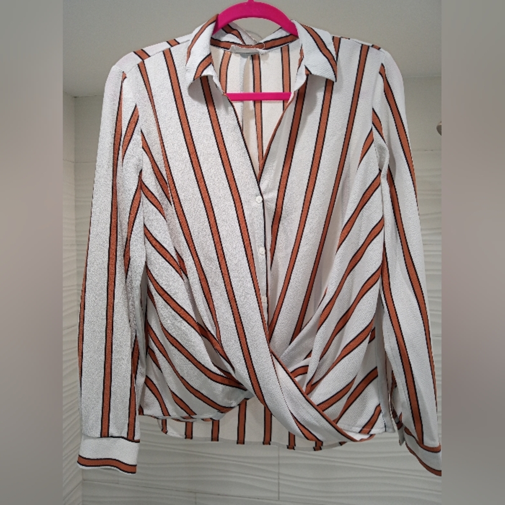White/Camel & Black Long Sleeve Notched Collar Blouse
